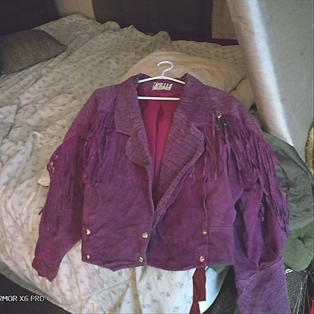 Fringe vintage woman's coat, large, purple.